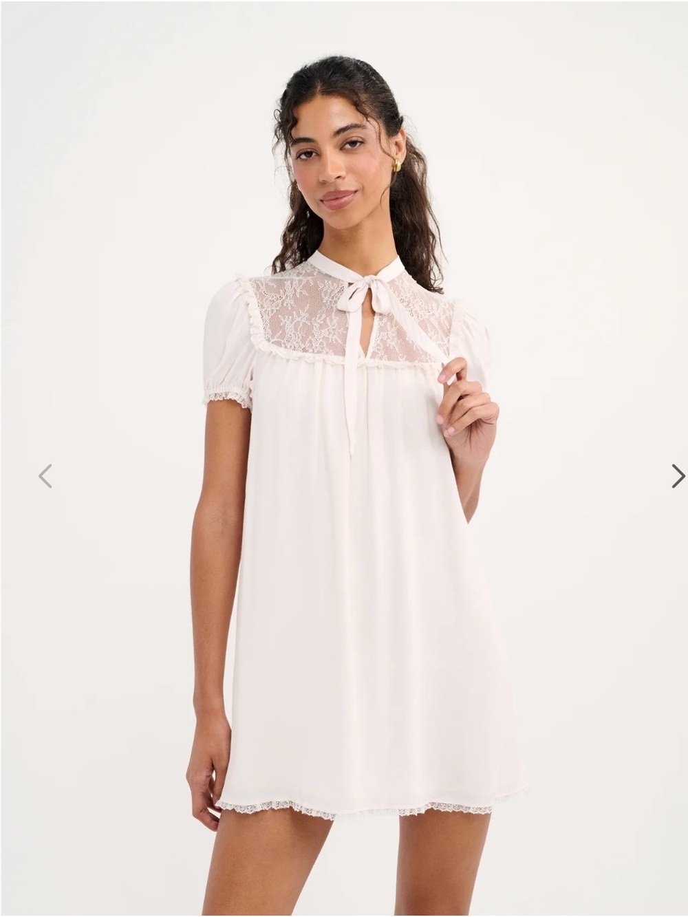 Lace Yoke Tie-Neck Mini Dress in Soft Cream
